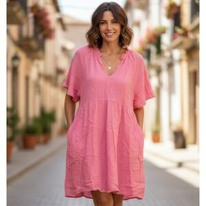 Gap Pullover Midi Dress Women's Size XXL Pink Short Sleeve V-Neck Cotton‎